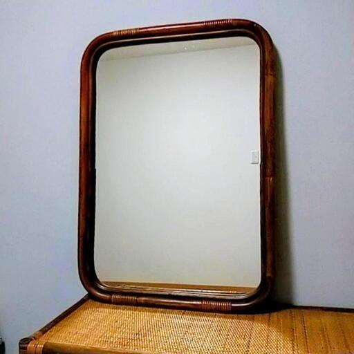 カザマ ラタン ウォールミラー 鏡 ヴィンテージ レトロ 籐