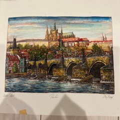 チェコ　プラハ城　カレル橋　絵画　水彩画　風景画の画像