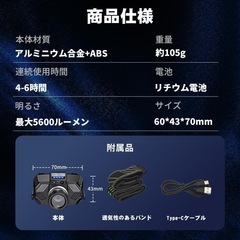 ヘッドライト 充電式 LED アルミ製 軽量 ランプ 小型 コンパクト 防水 防災 アウトドア 夜間 作業の画像
