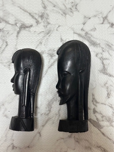 頭像 アフリカ タンザニア 黒檀 彫刻木彫り エスニック オブジェ2体 (s