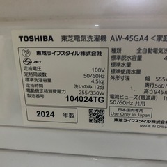 O 2507-773 TOSHIBA 東芝電気洗濯機 AW-45GA4 4.5kg 2024年製 動作確認済み キズ 汚れありの画像