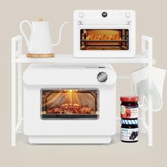 DAIWIN レンジ上ラック トースターラック レンジ置き台 伸縮式 幅36~65cm 棚板高さ調節可 耐荷重50kg シンク上キッチン収納 フック4個付き (ホワイト)の画像