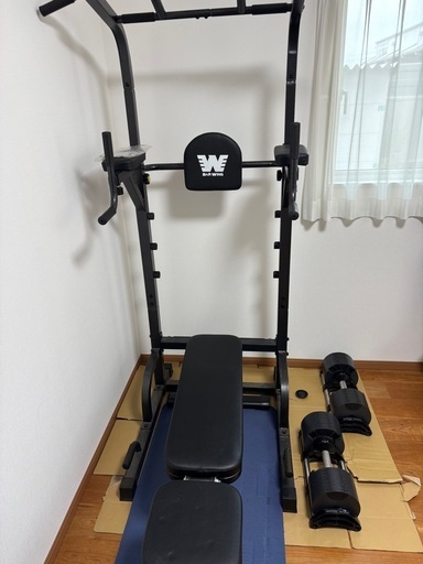 フレックスベル2キロ刻み32キロ2セット、バーウィング懸垂台、リーディングエッジマルチポジションベンチ