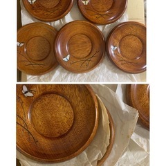 天然木　木彫り　螺鈿細工　漆器　丸盆　茶托5枚　揃いセット　茶道具　コースターの画像