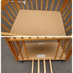 ● カトージ KATOJI  ベビーベッド ナチュラルカラー 木製  コンパクトサイズ W940 ×D660×H915mm 開閉式 下段収納 中古 ③の画像