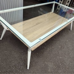 ● ガラステーブル ホワイト アイアン ナチュラルウッド センターテーブル 120×60×38cm リビング  コーヒー カフェ テーブル ソファテーブル 棚付き 机 収納 中古 ③の画像