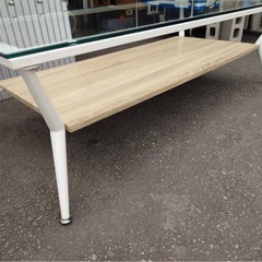 ● ガラステーブル ホワイト アイアン ナチュラルウッド センターテーブル 120×60×38cm リビング  コーヒー カフェ テーブル ソファテーブル 棚付き 机 収納 中古 ③の画像
