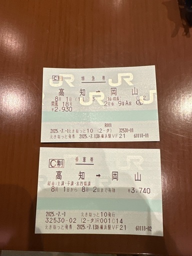 8月1-2日高知→岡山JR四国乗車券&特急券 (スギナ) 品川の新幹線