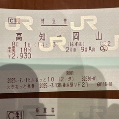 8月1-2日　高知→岡山　JR四国　乗車券&特急券の画像