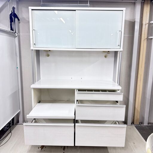 値引き 24807  2枚ガラス扉キッチンボード　幅140㎝　ソフトクローズ 松田家具   ◆大阪市内・東大阪市他 6,000円以上ご