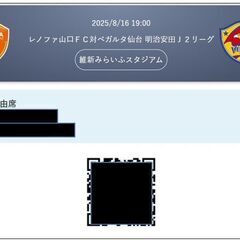 値下げ■8/16(土)19:00レノファ山口ＦＣ対ベガルタ仙台 明治安田Ｊ２リーグ■バック自由席２枚■の画像