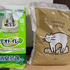 【使用済・中古品】猫トイレ　トレッタ本体+猫砂+ペットシート譲ります。
の画像