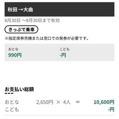 8/30(土)秋田〜大曲(新幹線指定席) 4名 の画像