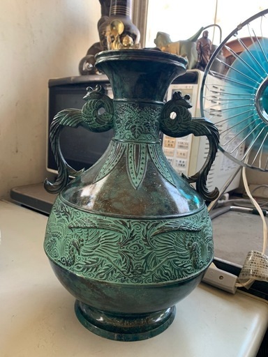 ♥時代　織部　双耳　花器　花瓶　骨董　古玩 骨董・民芸品 越前焼 宗山窯 花瓶 取っ手付き(破損有) 花器