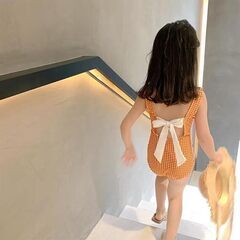 未使用 かわいい女の子用水着 ワンピース リボン チェック柄 2点セット スイムウェア 120サイズの画像
