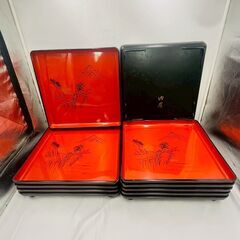 【❗️✨店舗様向け✨❗️】漆器トレー ✨まとめ売り11枚✨朱×黒🌟山水画＆銘あり❗️の画像