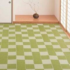 萩原 洗える い草風カーペット「やぐら」グリーン 江戸間 13.7×139.8インチ（348×352cm）チェック柄／モダン和風 ラグ 花柄の画像