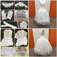 ほぼフルセット② 海外挙式・二次会に　ウエディングドレス(ドレス、パニエ、ベール、ティアラ、グローブ、コサージュ、インナー)
の画像