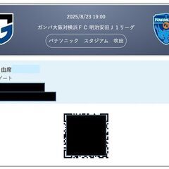 ■8/23(土)19:00ガンバ大阪対横浜ＦＣ 明治安田Ｊ１リーグ■カテゴリー６自由席２枚可■の画像