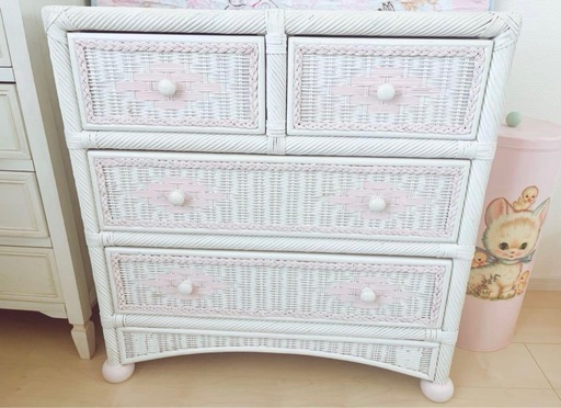 アンティーク ヴィンテージ ウィッカー ラタン ヴィンテージ ウィッカー ラタン ピンク ホワイト チェスト タンス