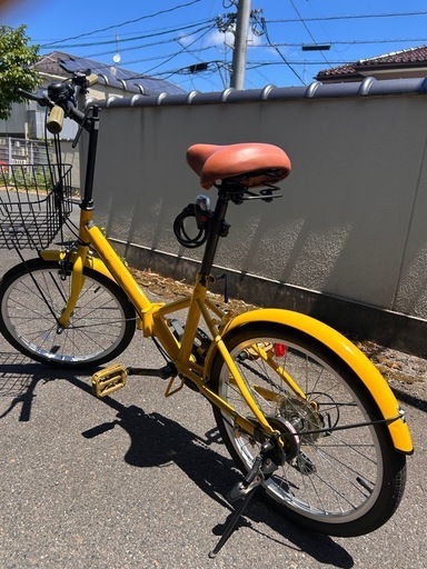 【通学に便利】折りたたみ自転車 20インチ／イエロー／シマノ6段変速／前カゴ・荷台付き