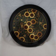  [1440]蜂の巣模様 漆器盆　六角形模様　直径35cm　丸盆...