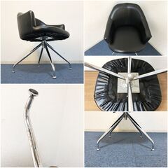 モダンスタイル肘付き360°回転式チェアー 合成皮革ブラック 脚部/スチールクロームメッキ 作業椅子・ダイニングチェア・デスクチェアの画像