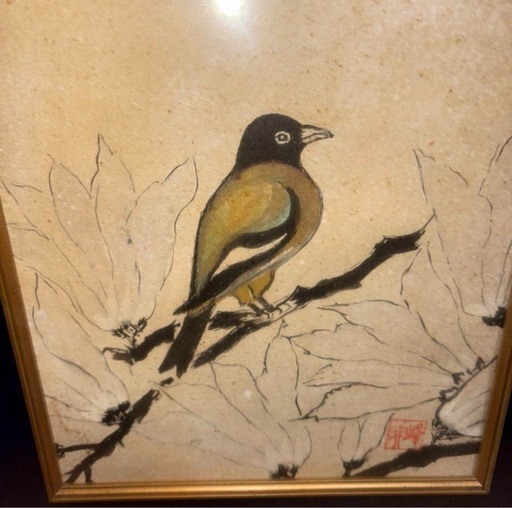 額縁 版画 昭和レトロ 当時物 絵 インテリア GYP0802 額入り絵画小鳥兼峰日本画ヴィンテージ昭和レトロ (pa