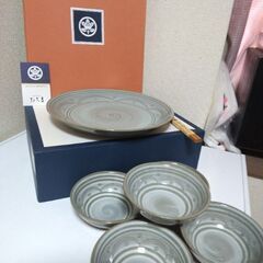 未使用　京都たち吉　青三島 貫入文様　天ぷらセット　大皿１枚　小鉢５個　箸付きの画像