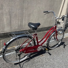 整備済み】26インチ変速なしオートLEDライト赤い自転車 (つか