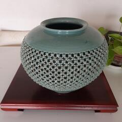 花瓶 高麗青磁 海泉作 網目 雲鶴象嵌 高麗青磁 海泉作 雲鶴 青磁透かし彫り花瓶 花入 花器 一輪挿し