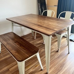 ヴィンテージ風 ダイニングセット｜木目天板＋チェア＆ベンチ付