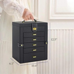 AKOZLIN 大容量 ジュエリーボックス 6段 鏡付き アクセサリーボックス ジュエリー収納 アクセサリー収納ケース ジュエリーケース 5段引き出し 高級宝石箱 XL：30×17×32cm ブラックの画像