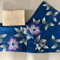 青色花柄浴衣・ベージュ帯セット