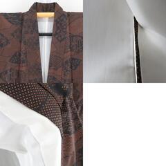 紬 着物 大島紬 扇子模様 黒色ｘオレンジ色 袷 バチ衿 絹 仕立て上がり着物 身丈157cm 【キモノオフ野々市若松店】の画像