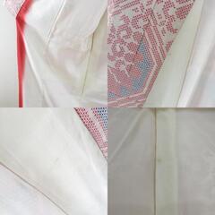 紬 着物 大島紬 白大島 幾何学に菊模様 白色ｘ赤色ｘ青色 袷 バチ衿 絹 仕立て上がり着物 身丈156cm 【キモノオフ野々市若松店】の画像