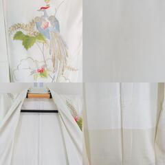 付下げ 昭和レトロ 刺繍入り クリーム色ｘゴールドｘグリーン 雲に尾長鳥紋様 広衿 正絹 仕立て上がり着物 身丈152cm【中古】 【キモノオフ野々市若松店】の画像