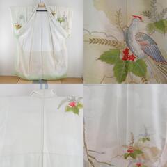 付下げ 昭和レトロ 刺繍入り クリーム色ｘゴールドｘグリーン 雲に尾長鳥紋様 広衿 正絹 仕立て上がり着物 身丈152cm【中古】 【キモノオフ野々市若松店】の画像