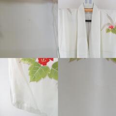 付下げ 昭和レトロ 刺繍入り クリーム色ｘゴールドｘグリーン 雲に尾長鳥紋様 広衿 正絹 仕立て上がり着物 身丈152cm【中古】 【キモノオフ野々市若松店】の画像