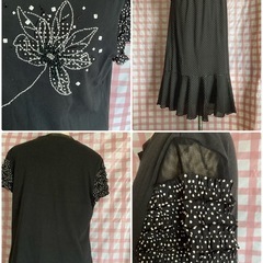黒の花ビーズTシャツとドット柄スカートの画像