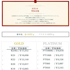 大黒屋仙台パルコ店 8/5 本日の貴金属の買取金額 