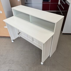 【超美品‼️】ぼん家具 120cm幅カウンターテーブル キッチンカウンター 食器棚 収納家具 木目調ホワイト♪の画像