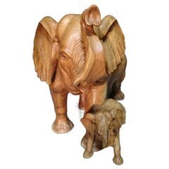 流木アート・一点物】象の親子 彫刻｜天然流木一木造り／ニス仕上げ