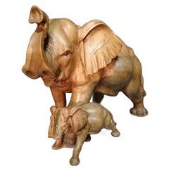 流木アート・一点物】象の親子 彫刻｜天然流木一木造り／ニス仕上げ