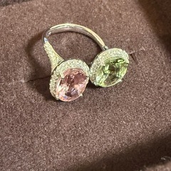 K18 フォークリング　トルマリン　パステル　ピンク　グリーン　メレダイヤモンド　ホワイトゴールド　10号の画像