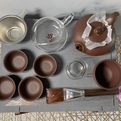 配送可能　未使用品　萬一鵬　在銘　紫砂 煎茶道具　10点セット　 茶器 茶道具 急須 湯呑　湯冷　証明書付　中国　茶器　 朱泥　箱付の画像