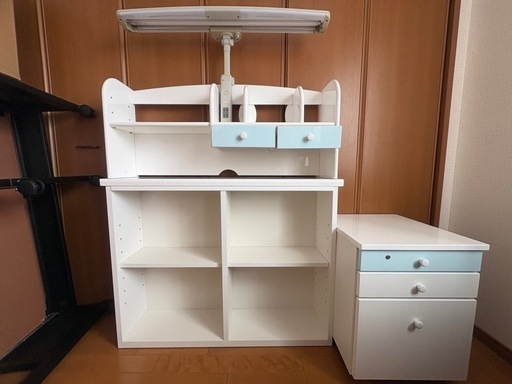 組み合わせデスク3点セット　本棚　上棚　ワゴン　キャビネット3段