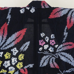 浴衣 絞り浴衣 紺色ｘ白色ｘ黄色ｘ赤色 花模様 仕立て上がり 夏物 女性用ゆかた 綿100% レディース 夏祭り 花火大会 身丈158cm【中古】 【キモノオフ野々市若松店】の画像