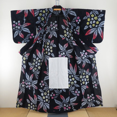 浴衣 絞り浴衣 紺色ｘ白色ｘ黄色ｘ赤色 花模様 仕立て上がり 夏物 女性用ゆかた 綿100% レディース 夏祭り 花火大会 身丈158cm【中古】 【キモノオフ野々市若松店】の画像