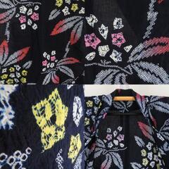 浴衣 絞り浴衣 紺色ｘ白色ｘ黄色ｘ赤色 花模様 仕立て上がり 夏物 女性用ゆかた 綿100% レディース 夏祭り 花火大会 身丈158cm【中古】 【キモノオフ野々市若松店】の画像